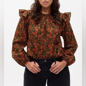 Gap Black Orange Floral Ruffle Sleeve Metallic Top Blouse NWT Small